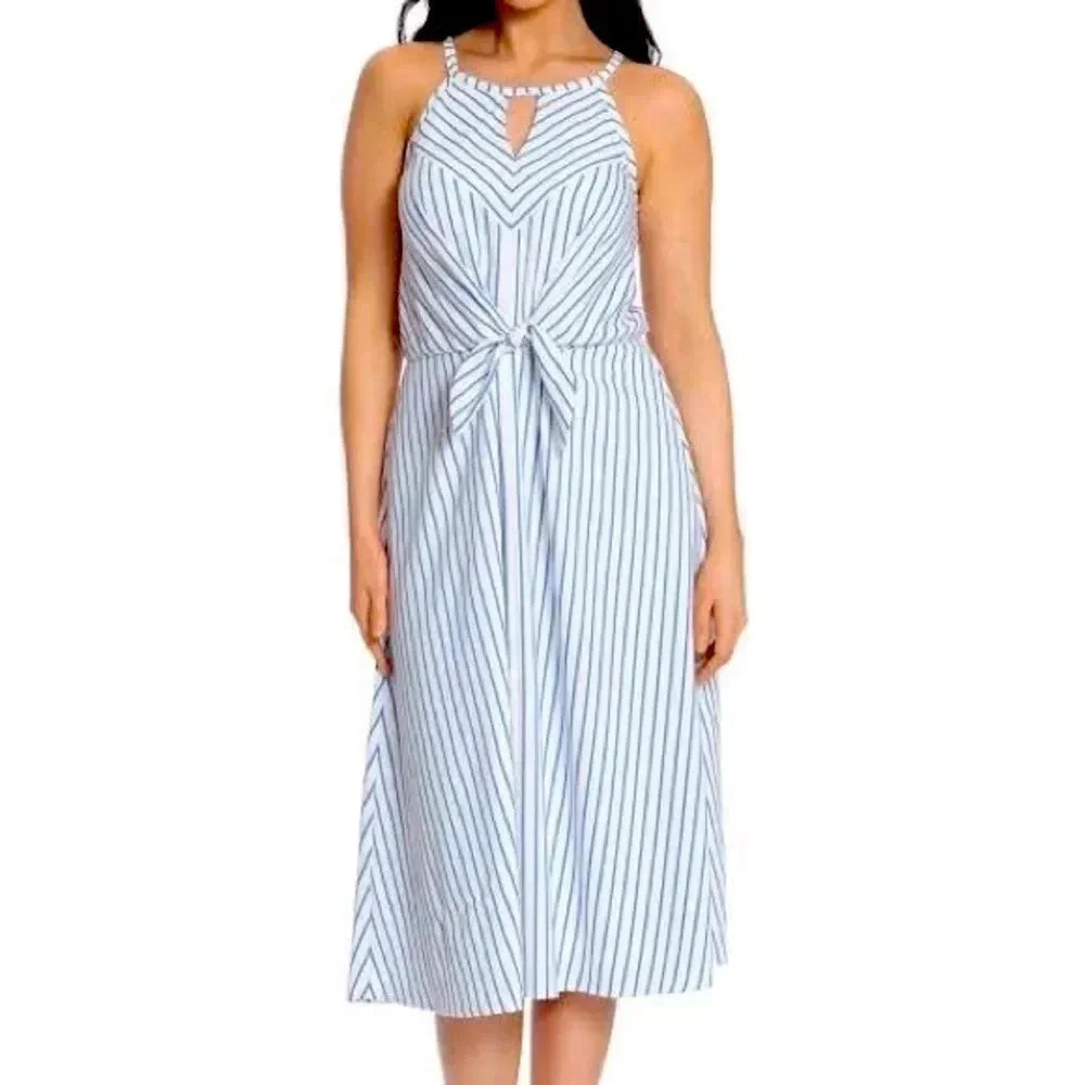 London Times Striped Halter Midi Dress Blue White Tie Front 8 NWOT